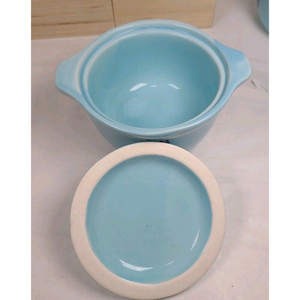 Vintage (4) Cronin BLUE TULIP Small Soup Sauce Pots WITH Lids & Handles - Picture 10 of 11